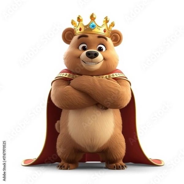 Obraz Cartoon bear king with golden crown and red cape arms crossed on white