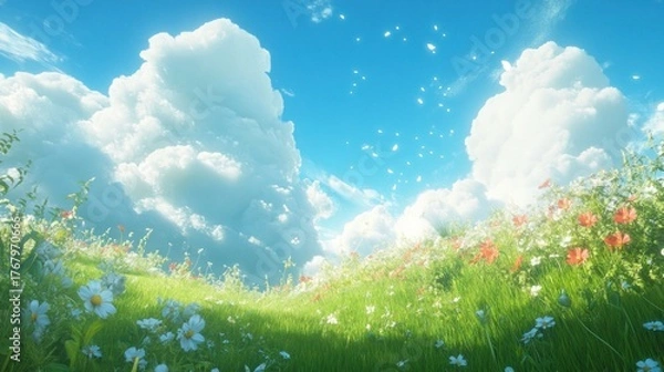 Fototapeta Lush meadow flowers under fluffy clouds, vibrant sky, possible use for nature posters