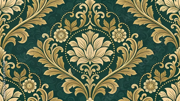 Fototapeta European and Western Victorian Damask Seamless Pattern in Gold on Emerald Green, Ornate Floral Baroque Wallpaper for Luxury Home Decor, Textile Fabric, Packaging and Branding