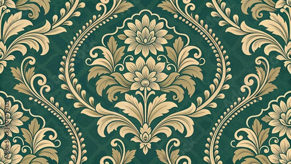 Obraz European and Western Victorian Damask Seamless Pattern, ornate gold floral baroque wallpaper on emerald green for luxury home decor, textile fabric, packaging and branding