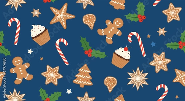 Fototapeta A delightful seamless pattern featuring an array of festive Christmas cookies, candy canes, cupcakes, and holly on a dark blue background.