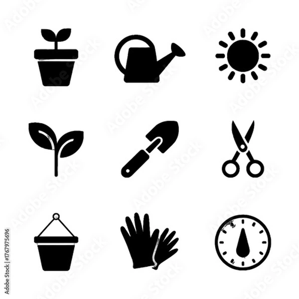 Obraz Set of gardening icons including potted plant, watering can, sun, seedling, trowel, scissors, bucket, gloves, and clock