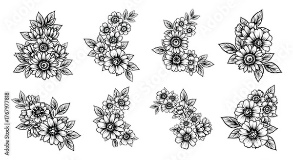 Obraz Vector floral bouquet collection, hand-drawn flower illustrations, black ink outlines, isolated on white background, detailed botanical art, top view set