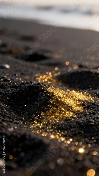 Fototapeta Golden glittering sand on a beach at sunset with shallow depth of field