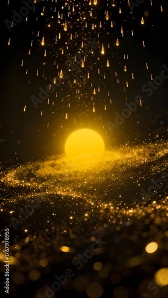 Fototapeta Golden particles falling over a glowing orb on a sparkling surface