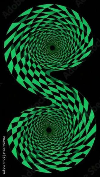 Fototapeta Abstract green and black spiral pattern with checkerboard design forming an S-shape