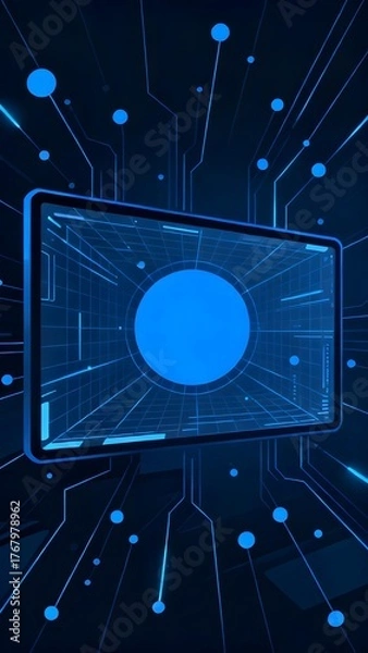 Fototapeta Digital circuitry with a central blue circular display on a dark background, featuring glowing lines and nodes.