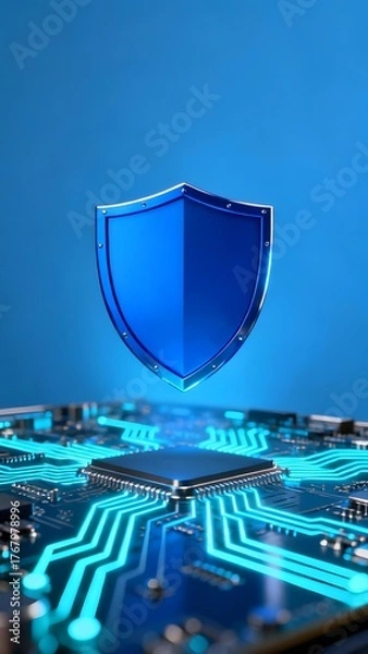 Fototapeta A glowing blue shield hovers above a detailed circuit board, symbolizing digital security and cybersecurity protection.