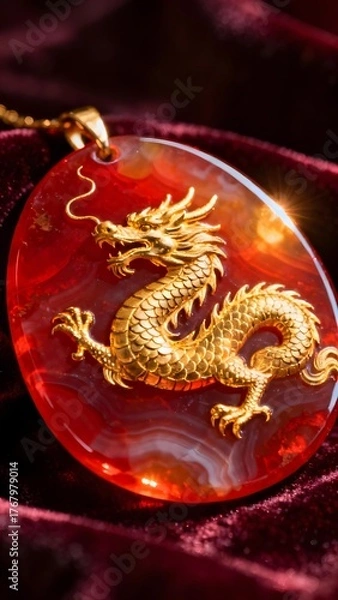 Fototapeta Golden dragon pendant embedded in red agate stone on velvet background