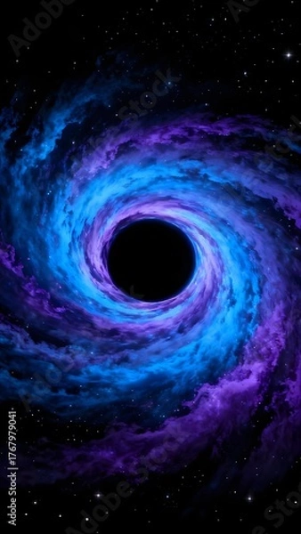 Fototapeta A swirling cosmic vortex with a black hole at its center, surrounded by vibrant blue and purple nebulae against a star-filled space background.