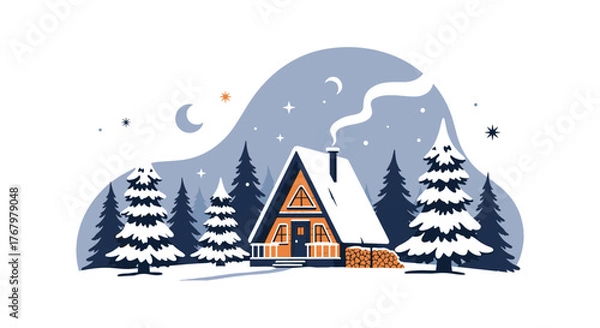 Fototapeta Cozy A-frame cabin in a peaceful snowy winter forest at night, with smoke from the chimney and a starry, moonlit sky.
