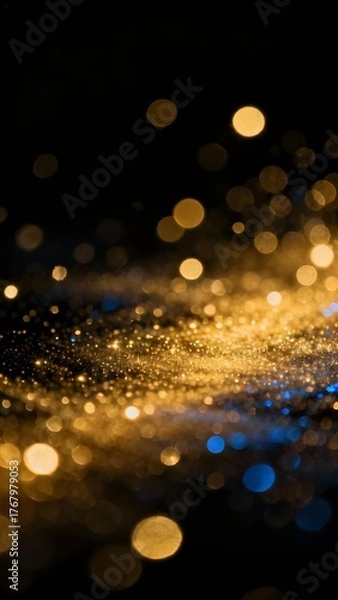 Fototapeta Golden bokeh lights shimmering on a dark background with scattered sparkles and soft glow