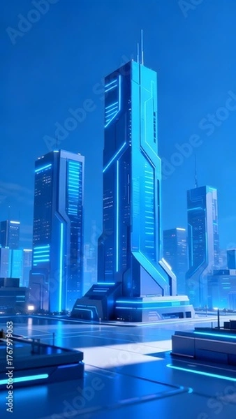Fototapeta Futuristic cityscape with illuminated skyscrapers and neon blue lighting at night