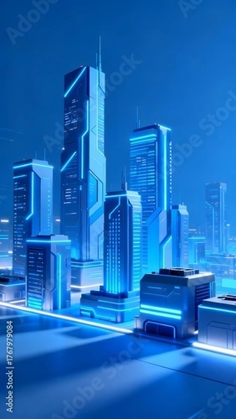 Fototapeta Futuristic cityscape with illuminated skyscrapers and neon blue lighting at night