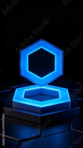 Fototapeta Glowing blue hexagonal structure with illuminated outline on a dark surface