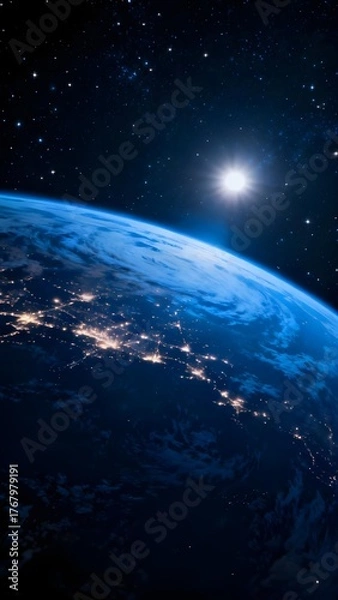 Fototapeta Earth viewed from space at night, illuminated by city lights and the sun in the background