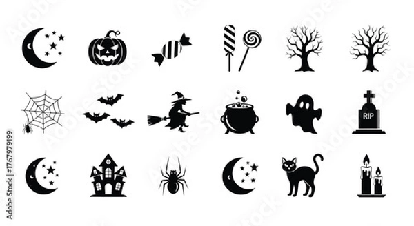 Fototapeta Vector Halloween icons set with spooky elements including ghost, pumpkin, witch, spider, moon, and haunted house in minimalist graphic style