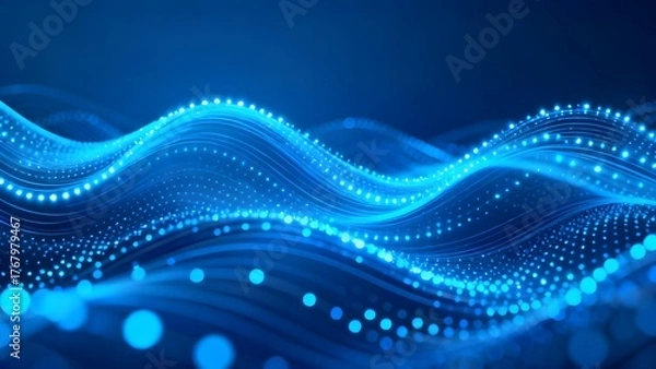 Fototapeta Abstract blue wave pattern with glowing dots and flowing lines on a dark background