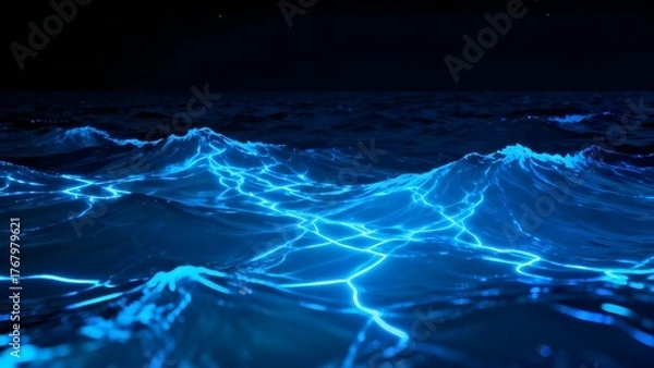 Fototapeta Glowing blue electric patterns on a dark ocean surface at night