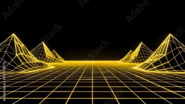 Fototapeta Neon yellow wireframe landscape with grid floor and pyramidal structures against a black background