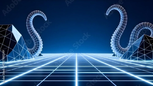 Fototapeta Digital wireframe tentacles emerging from geometric pyramids on a glowing grid floor