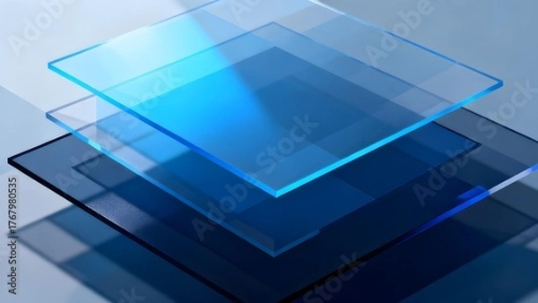 Fototapeta Stacked transparent blue glass panels with layered depth and light reflection