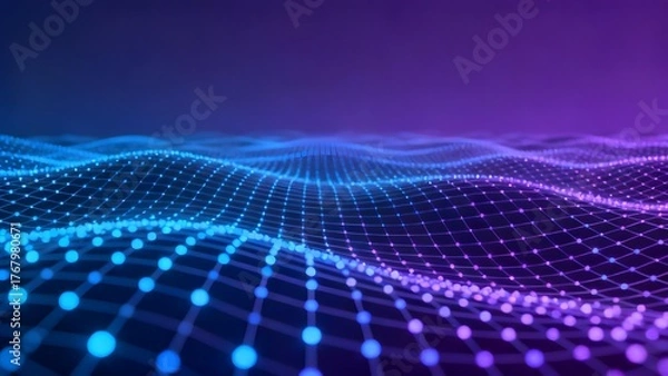Fototapeta Abstract digital wave pattern with glowing dots and grid lines in blue and purple hues