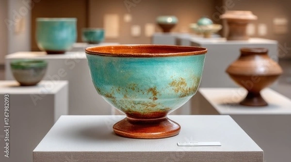 Fototapeta Ancient Ceramic Cup with Turquoise Glaze and Rustic Brown Base on Display at an Archaeological Exhibit with Soft Gallery Lighting