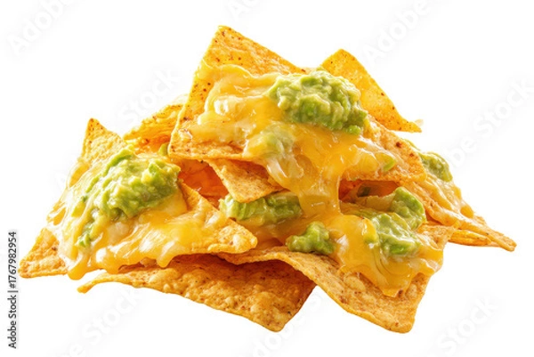 Fototapeta Pile of golden corn tortilla chips topped with melted yellow cheese and guacamole nachos, Isolated On Transparent Background, Png Cut Out