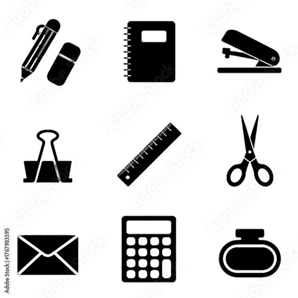 Fototapeta Collection of office and school supplies icons including pen, notebook, stapler, paper clip, ruler, scissors, envelope, calculator, and ink bottle