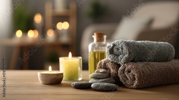 Fototapeta A serene spa setup featuring soft towels, candles, essential oil, and smooth stones, creating a tranquil atmosphere for relaxation and self-care.