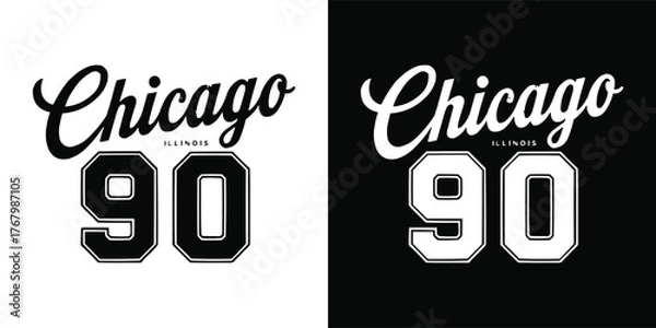 Fototapeta Chicago 90 Illinois vintage varsity typography design with bold sports lettering and retro athletic style on black and white backgrounds