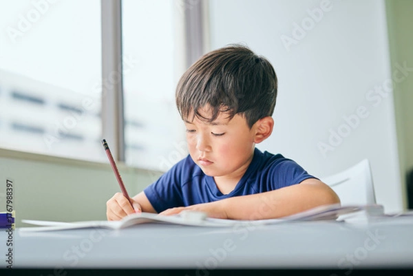 Fototapeta ノートに書き取りをする小学生の男の子
