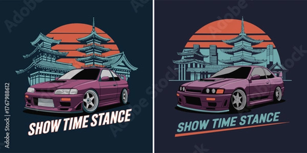 Fototapeta Japanese stance car illustration with pagoda temple and sunset background for street racing t shirt design