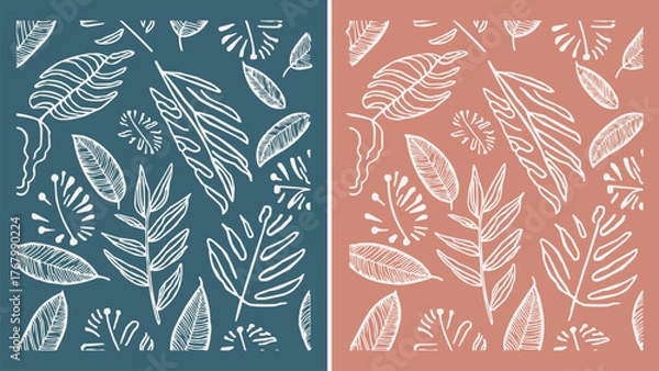 Fototapeta Tropical leaf pattern line art seamless background in teal and terracotta colors, hand drawn botanical foliage vector illustration