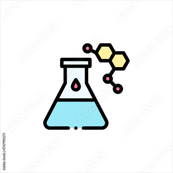 Obraz Erlenmeyer flask containing blue liquid sits beside molecular structure representing scientific research and chemical analysis in a laboratory setting.