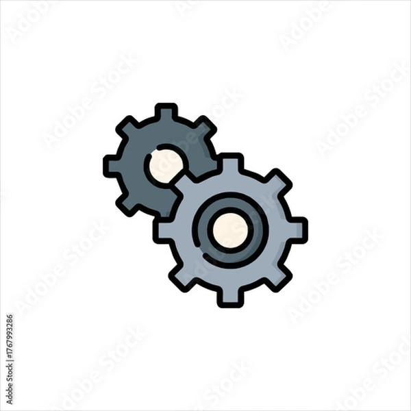 Fototapeta Two gears rotating together symbolize teamwork and mechanical processes in a simple, clean style, representing engineering or collaboration.