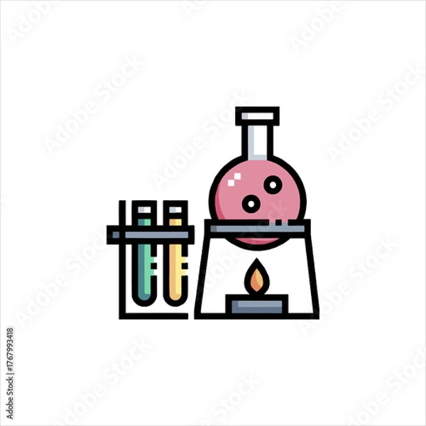 Obraz Pink liquid boils in flask over burner next to test tubes in laboratory, symbolizing scientific research and discovery.
