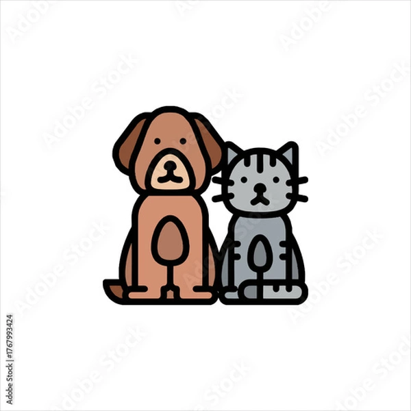 Obraz Dog and cat standing together in simple style, representing friendship and companionship, on a white backdrop.