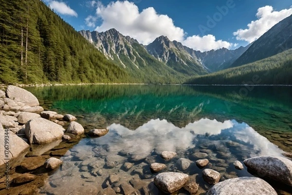 Fototapeta Pristine Turquoise Mountain Lake with Perfect Reflections in Alpine Wilderness