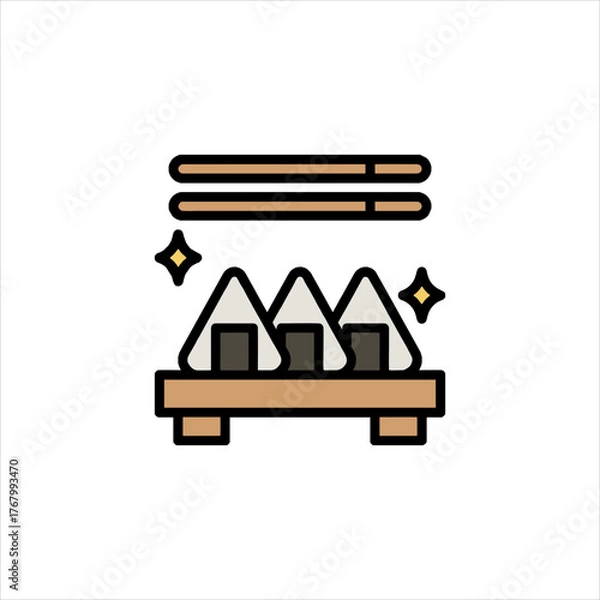 Obraz Three onigiri rice balls rest on a wooden tray with chopsticks, representing traditional Japanese cuisine with a clean and minimalist aesthetic.