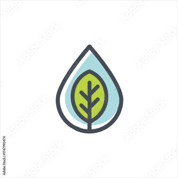 Obraz Green leaf rests inside a water droplet, symbolizing purity and natural resources, evoking a sense of environmental responsibility and sustainability.
