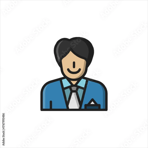 Obraz Smiling businessman wearing blue suit stands confidently against a plain backdrop, radiating professionalism and approachability in a modern style.