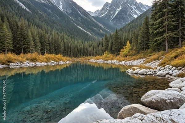 Fototapeta Pristine Turquoise Mountain Lake with Perfect Reflections in Alpine Wilderness