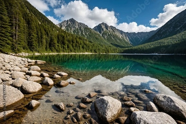 Fototapeta Pristine Turquoise Mountain Lake with Perfect Reflections in Alpine Wilderness