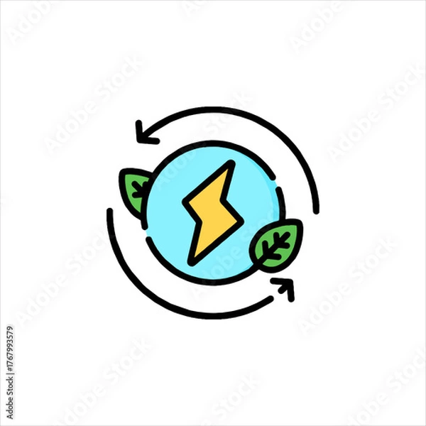 Obraz Renewable energy symbol representing clean power circulates with leaves, indicating sustainability and environmental consciousness.