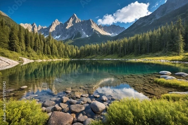 Fototapeta Pristine Turquoise Mountain Lake with Perfect Reflections in Alpine Wilderness