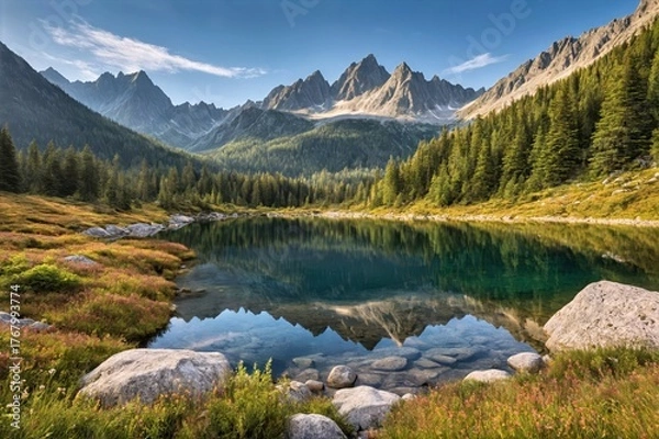 Fototapeta Pristine Turquoise Mountain Lake with Perfect Reflections in Alpine Wilderness