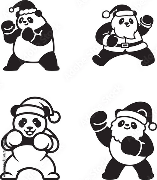 Fototapeta Collection of Festive and Athletic Santa Close with Panda Illustrations: Four Black and White Cartoon Designs Featuring Pandas Dressed as Santa and Reindeer, Posing with Boxing Gloves