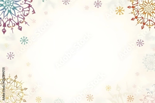 Fototapeta simple stylized illuminated Christmas frame Background with Cute Colorful Snowflakes on White Ground